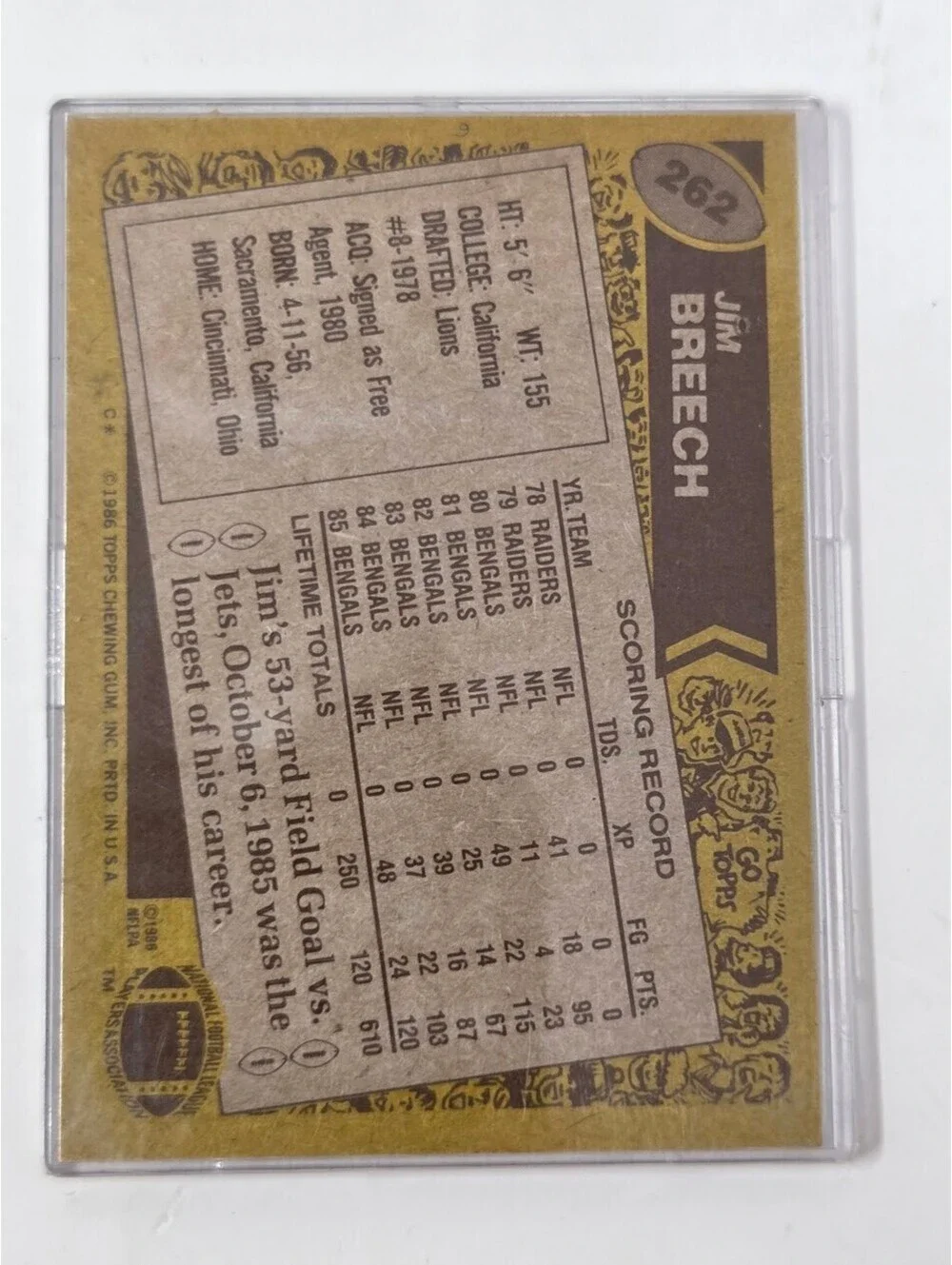 1986 Topps Jim Breech Bengals Signed Football Card Kicker NFL Vintage Autograph